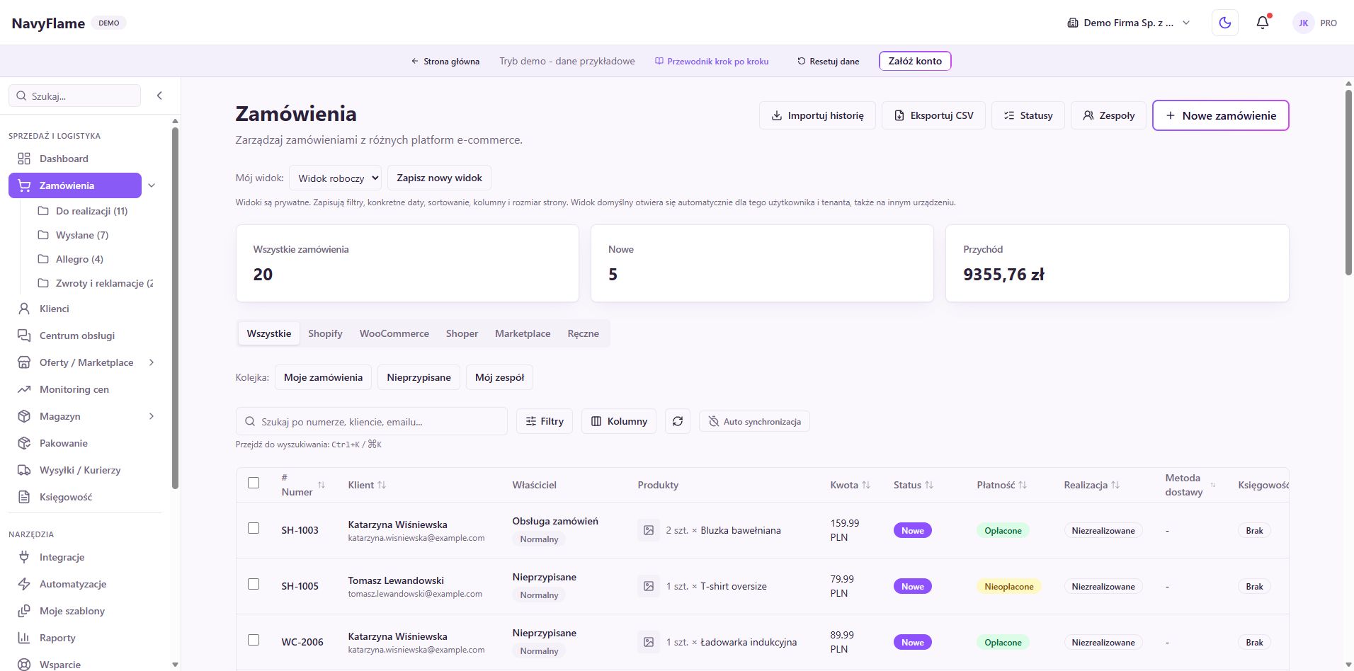 Zamówienia w polskim demo NavyFlame. Przykładowy ekran pokazuje status płatności; poprawność własnego zamówienia i faktury sprawdź w WooCommerce oraz księgowości.