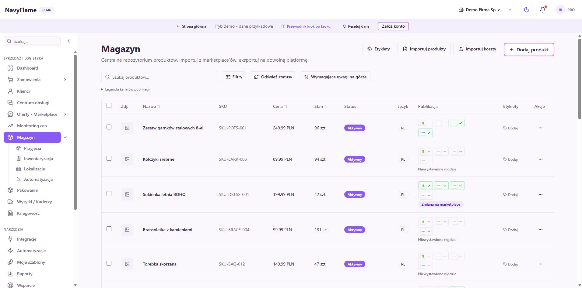 Katalog produktów w magazynie NavyFlame demo